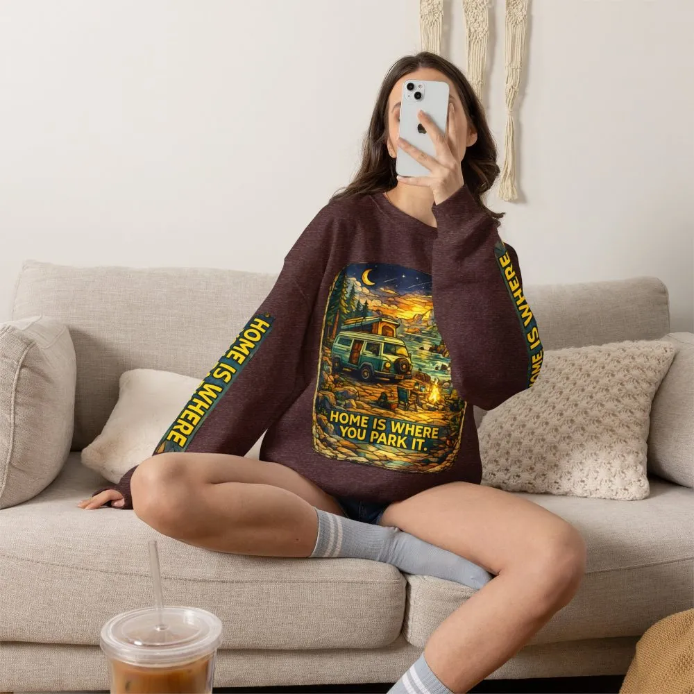 Unisex Heavy Blend™ Crewneck Sweatshirt — "Home Is Where You Park It" Design Cubic-Line