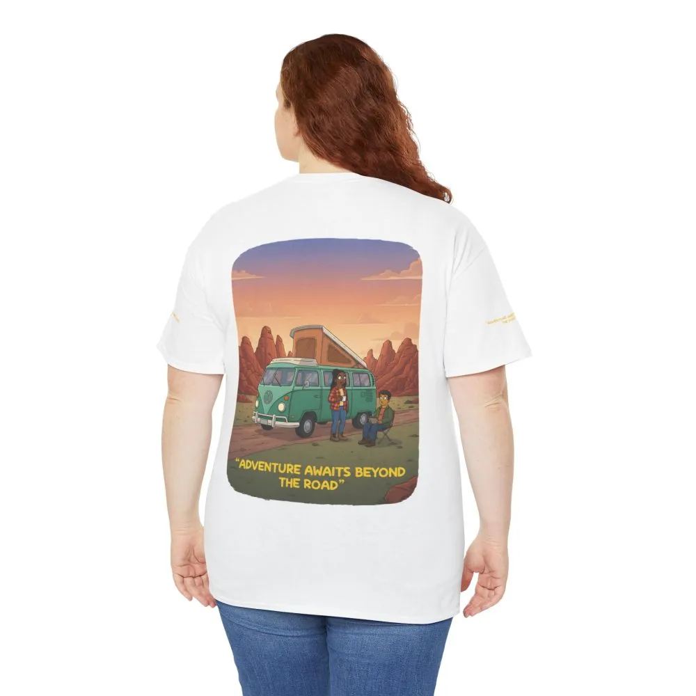Unisex Heavy Cotton Tee — "Adventure Awaits Beyond The Road" Design Sitcom-Line