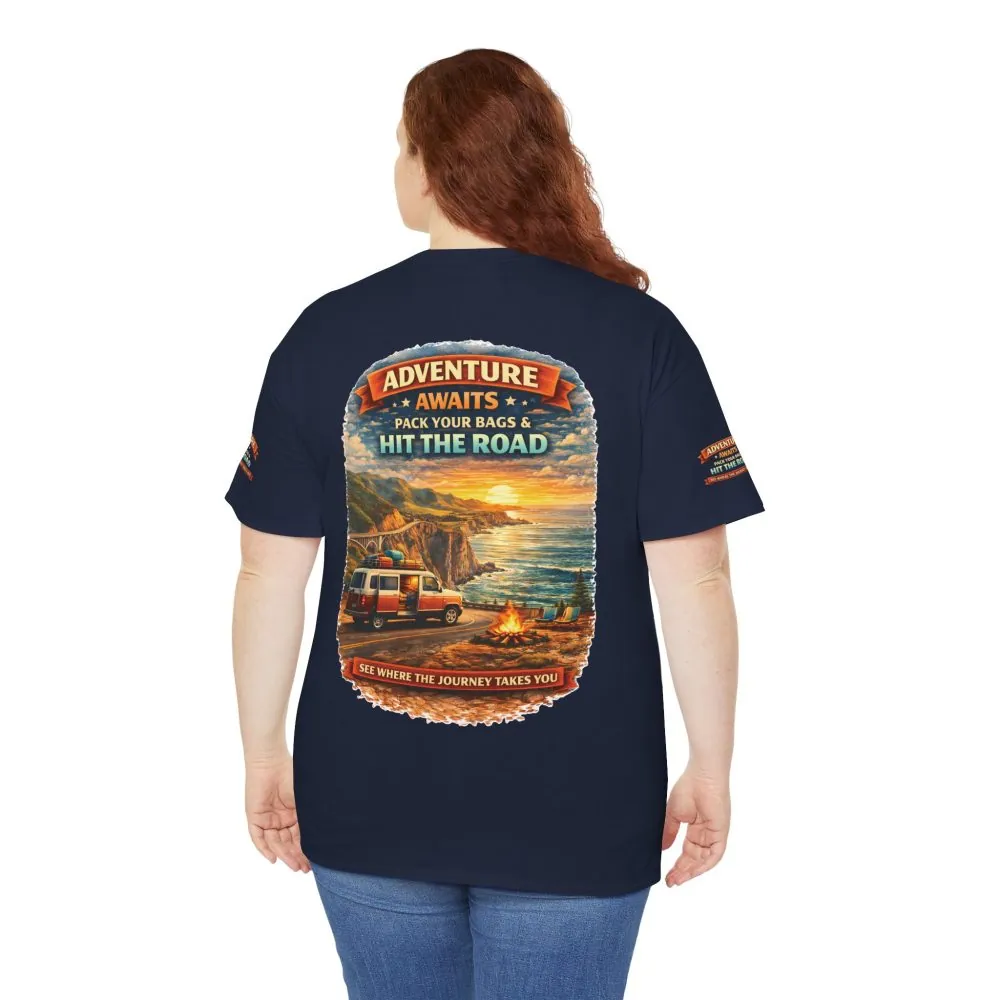 Unisex Heavy Cotton Tee — "Adventure Awaits-Pack Your Bags" Design Scenic-Line