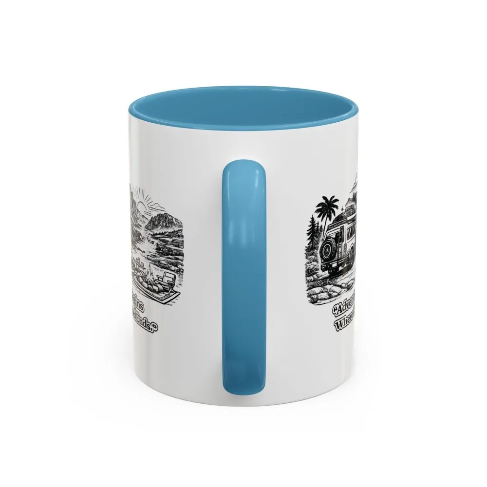 Accent Coffee Mug (11, 15oz) — "Adventure Begins Where The Road Ends" Design Minimal-Line