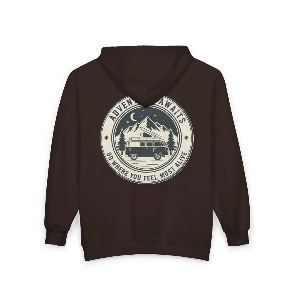 134905700800463908_2048.jpeg Zip Hoodie — "Adventure Awaits-Go Where You Feel Most Alive" (Only Back Printed) Camper Van Adventure Zip-Up