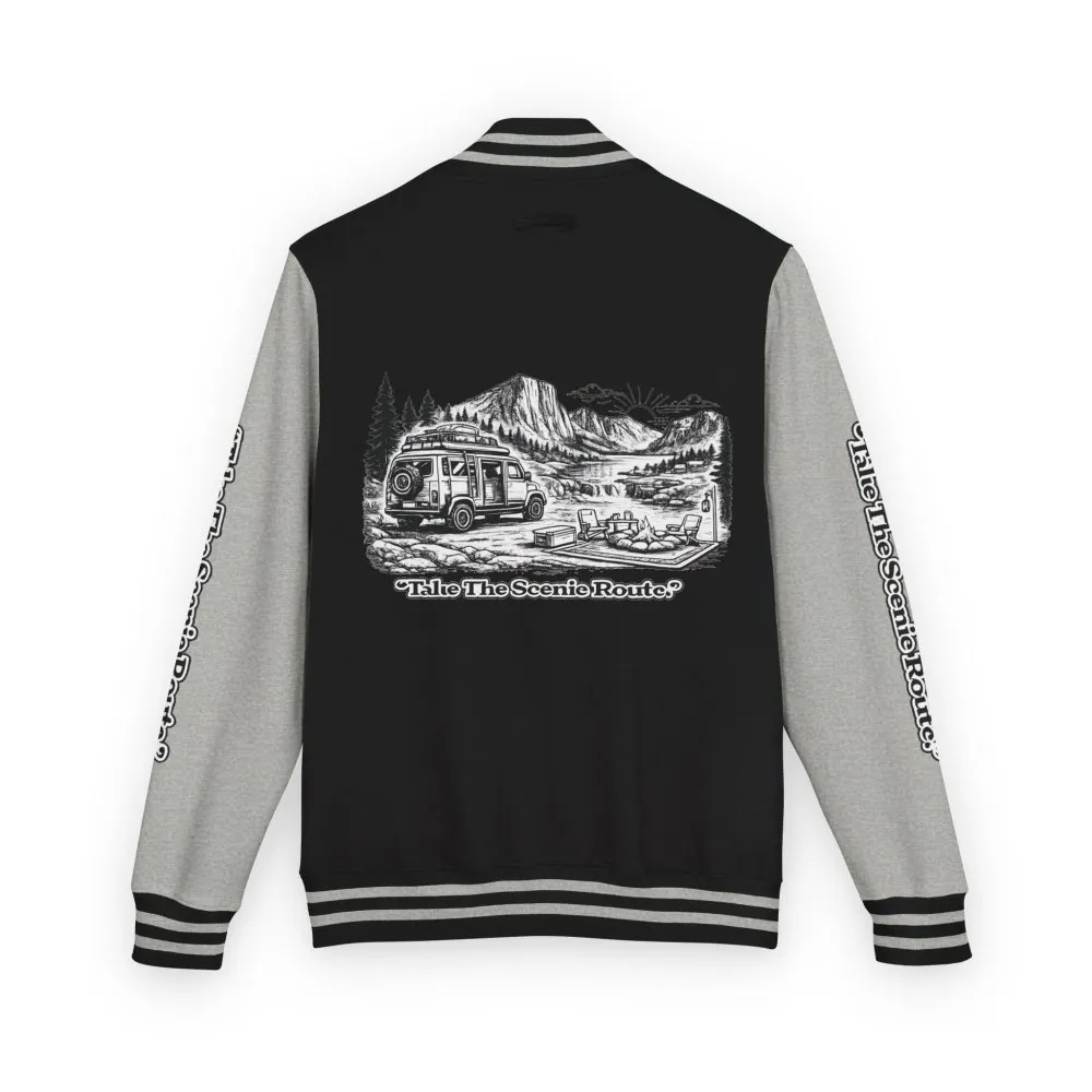 Unisex Heavyweight Letterman Jacket — "Take The Scenic Route" Travel Varsity Coat