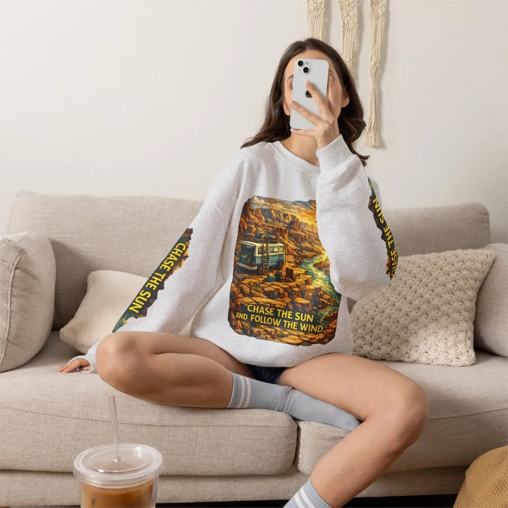Unisex Heavy Blend™ Crewneck Sweatshirt — "Chase The Sun And Follow The Wind" Design Cubic-Line