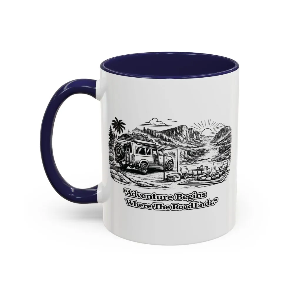 Accent Coffee Mug (11, 15oz) — "Adventure Begins Where The Road Ends" Design Minimal-Line