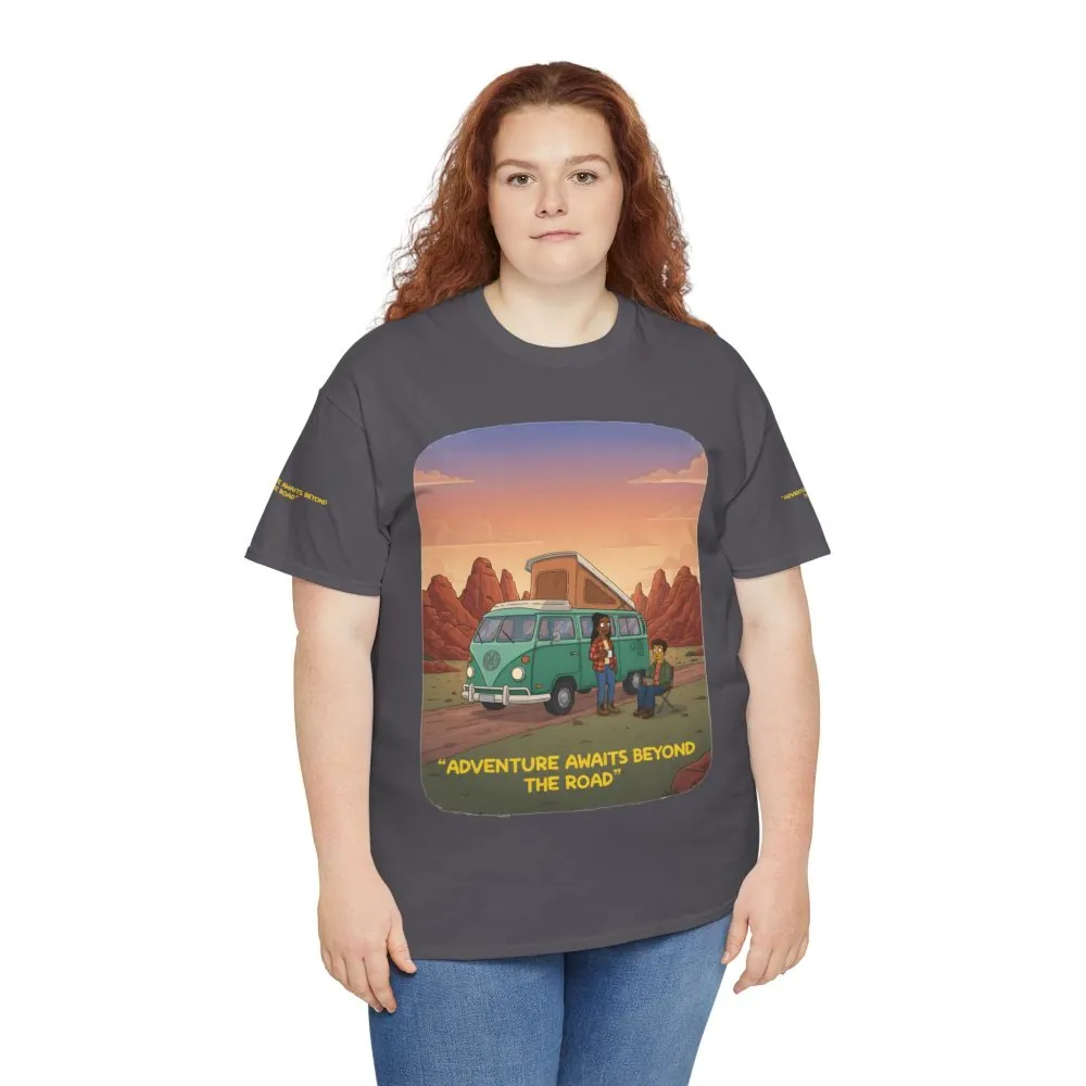 Unisex Heavy Cotton Tee — "Adventure Awaits Beyond The Road" Design Sitcom-Line
