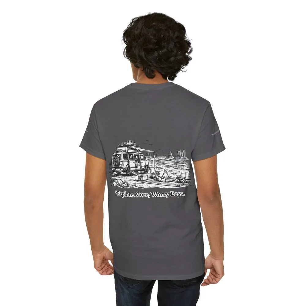 Unisex Heavy Cotton Tee — "Explore More Worry Less" Design Minimal-Line