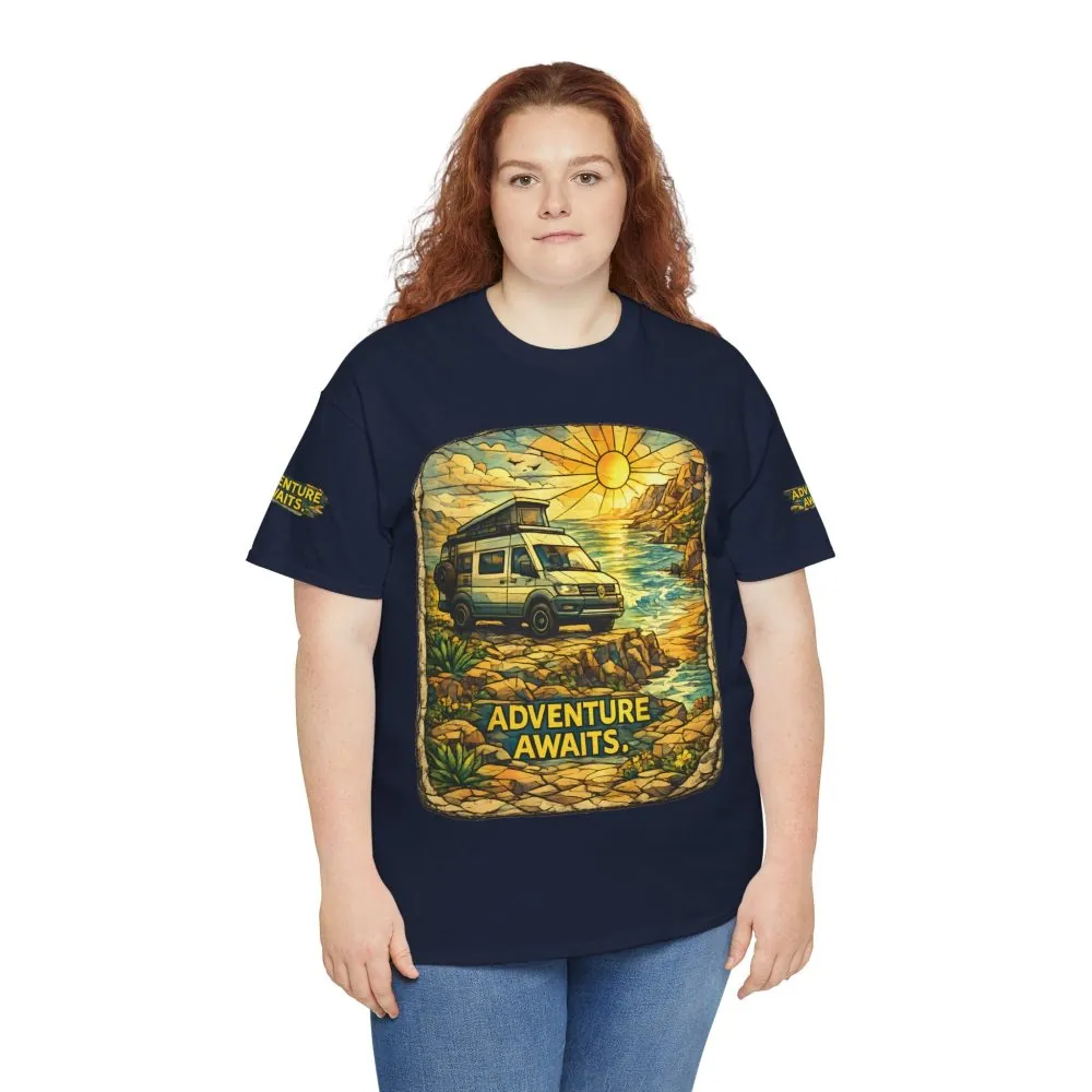 Unisex Heavy Cotton Tee — "Adventure Awaits" Design Cubic-Line