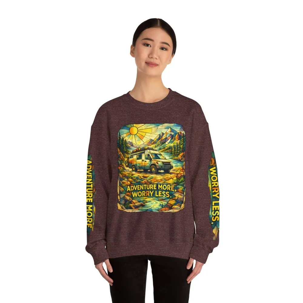 Unisex Heavy Blend™ Crewneck Sweatshirt — "Adventure More Worry Less" Design Cubic-Line