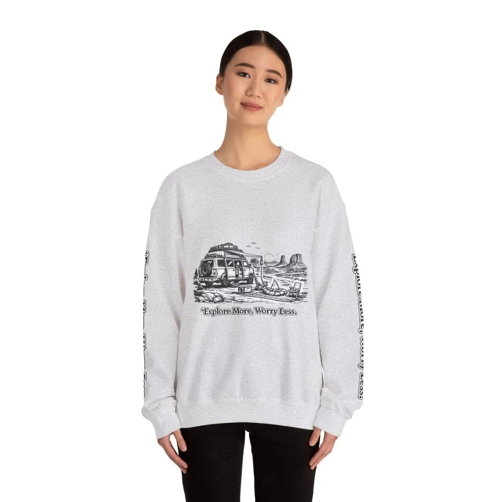 Unisex Heavy Blend™ Crewneck Sweatshirt — "Explore More Worry Less" Design Minimal-Line