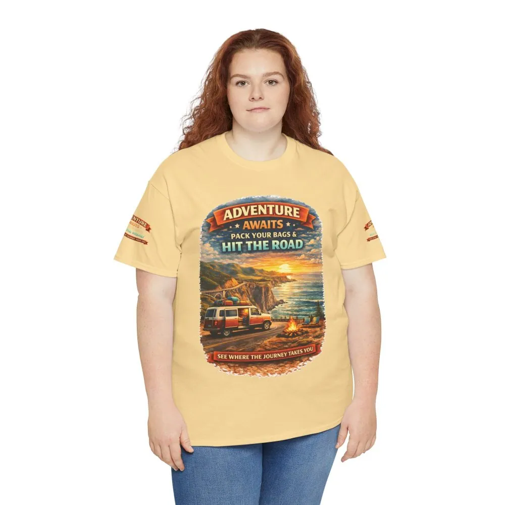 Unisex Heavy Cotton Tee — "Adventure Awaits-Pack Your Bags" Design Scenic-Line