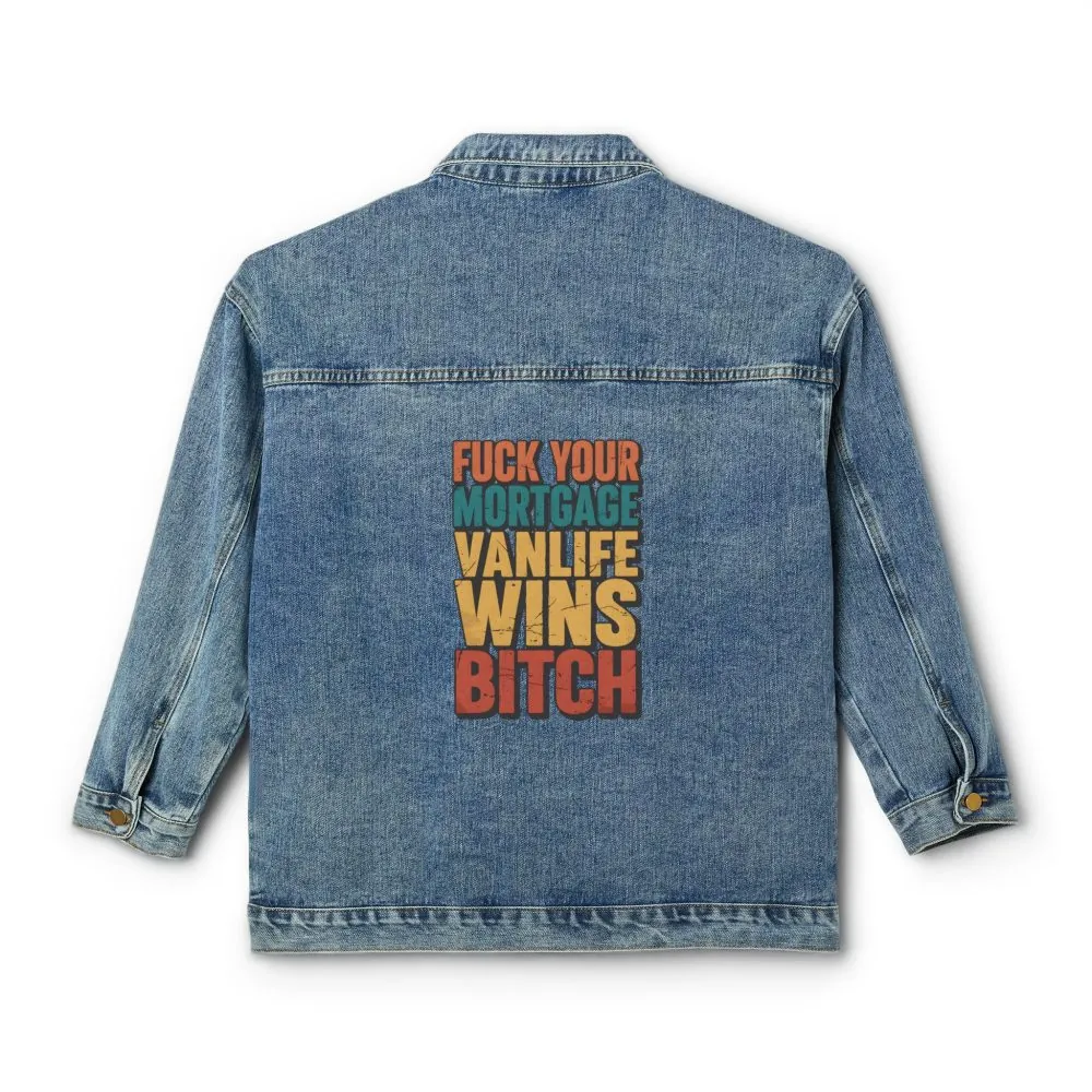 13583308894706521447_2048.jpeg Women's Denim Jacket — "Fuck Your Mortgage" Design F**K-Line