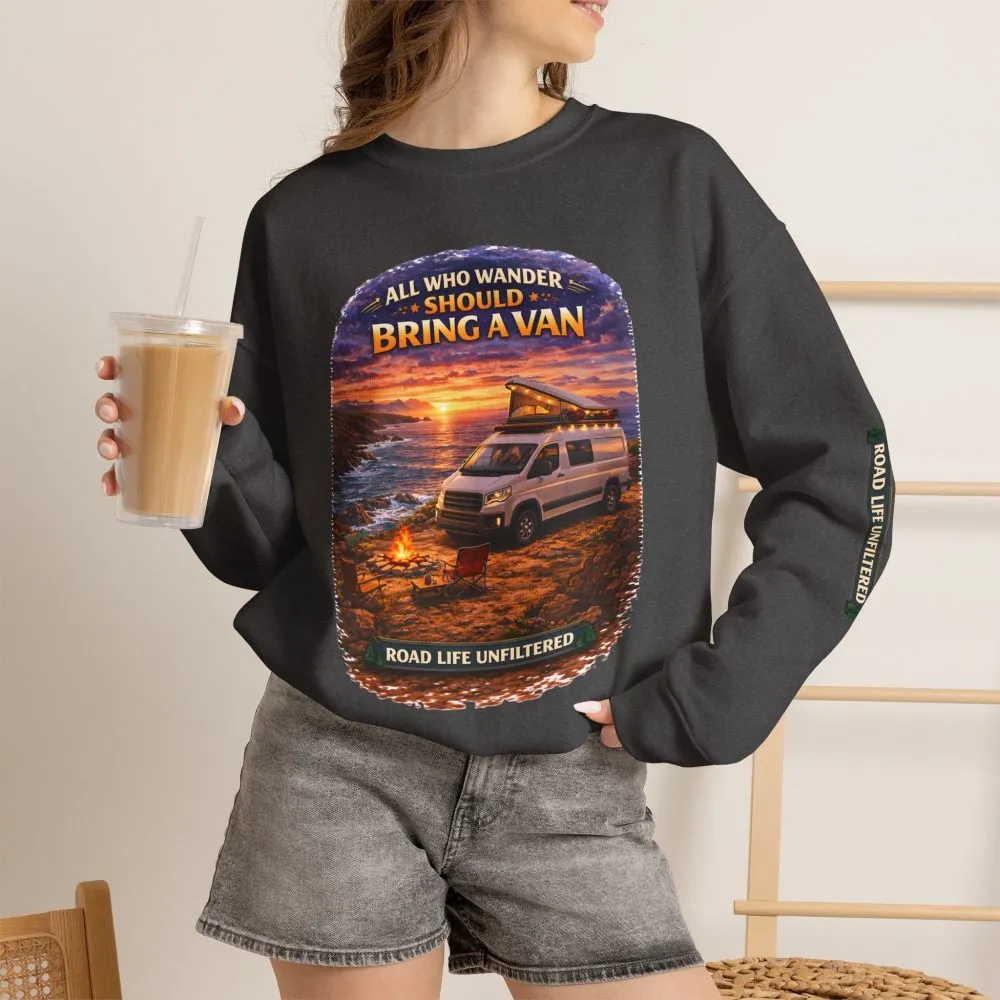 Unisex Heavy Blend™ Crewneck Sweatshirt — "All Who wander Should Bring A Van" Design Scenic-Line