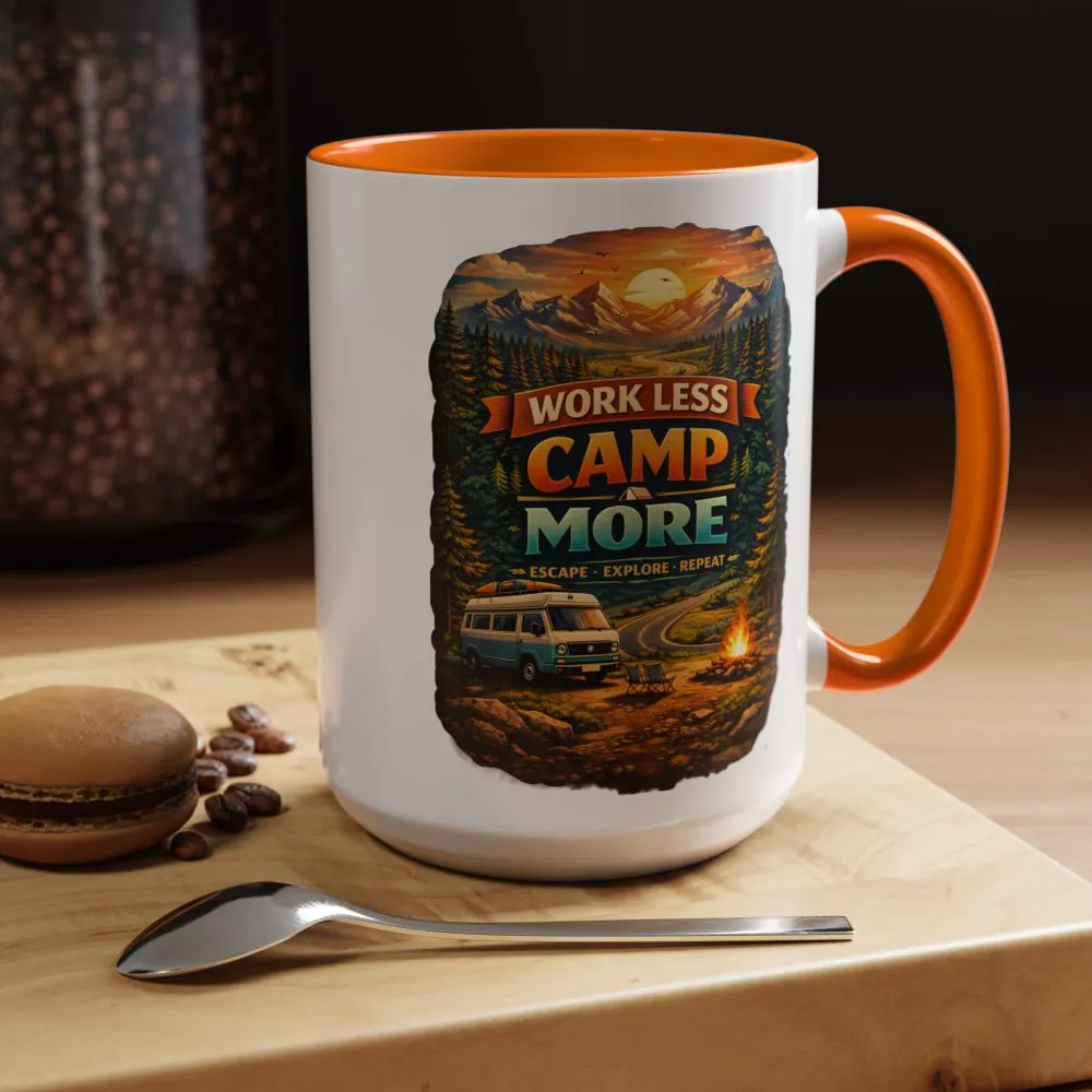 Accent Coffee Mug (11, 15oz) — "Work Less-Camp More" Design Scenic-Line