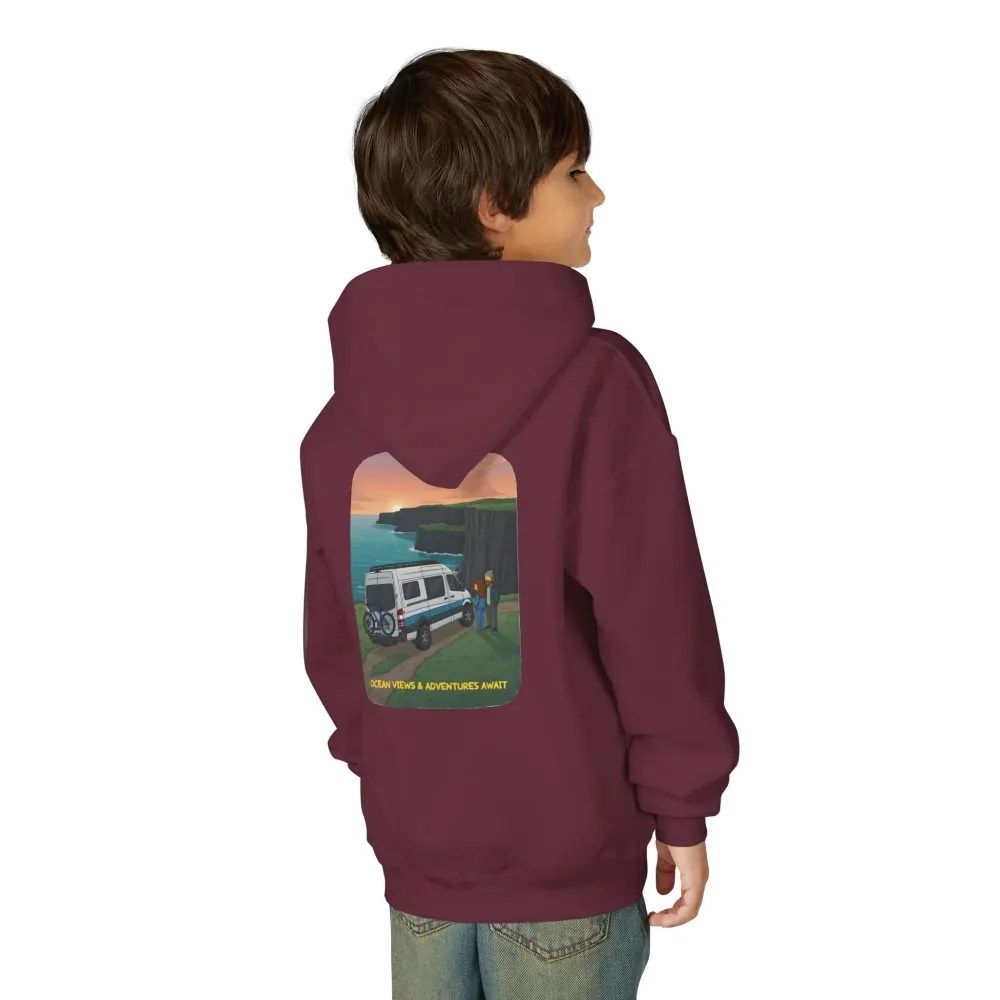 Youth Hoodie(Gildan) – "Ocean Views-Adventures Awaits" (Design Sitcom-Line)