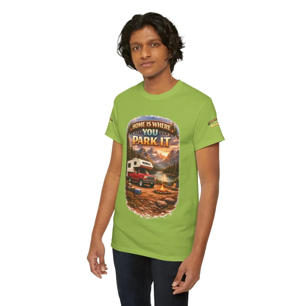 Unisex Heavy Cotton Tee — "Home Is Where You Park It" Design Scenic-Line