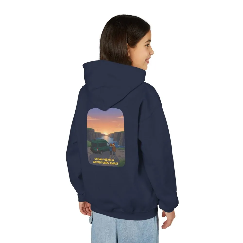 Youth Hoodie(Gildan) – "Ocean Views-Adventures Awaits" (Design Sitcom-Line)