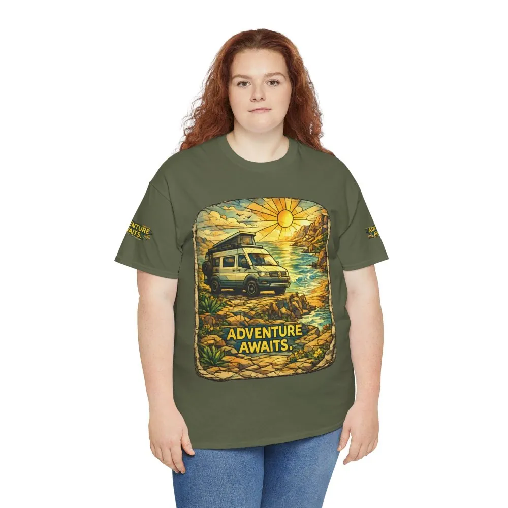 Unisex Heavy Cotton Tee — "Adventure Awaits" Design Cubic-Line