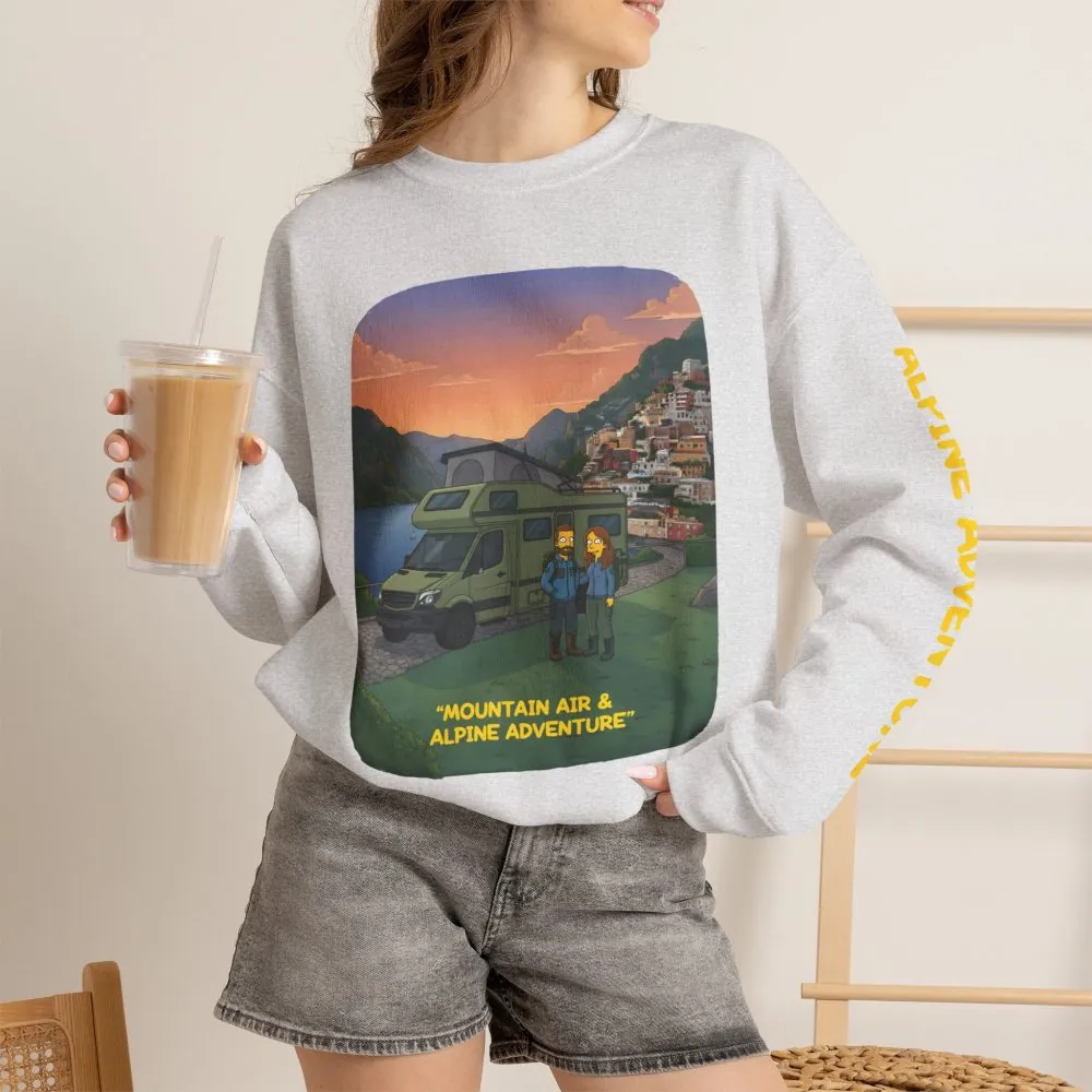 Unisex Heavy Blend™ Crewneck Sweatshirt — "Mountain Air And Alpine Adventure"" Design Sitcom-Line