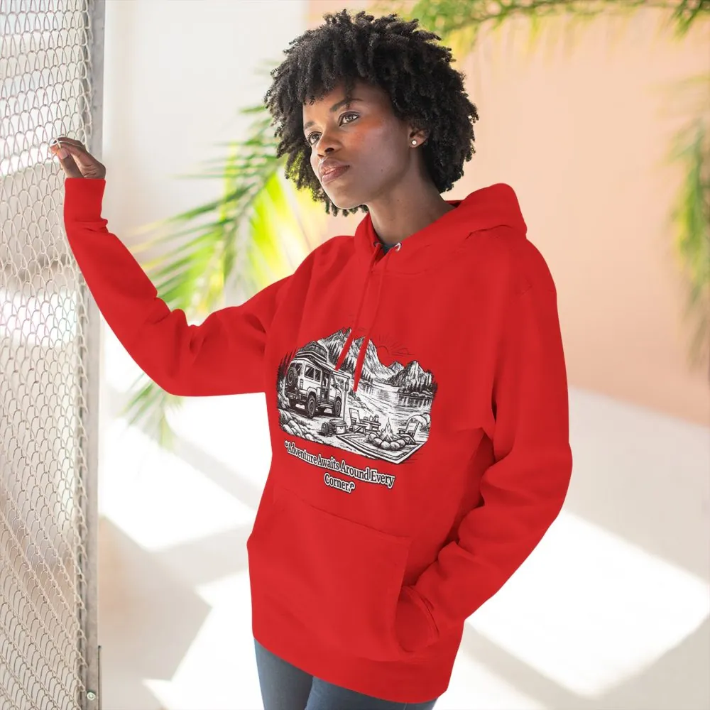13687861292369843546_2048.jpeg Three-Panel Fleece Hoodie - "Adventure Awaits Around Every Corner" Design Minimal-Line
