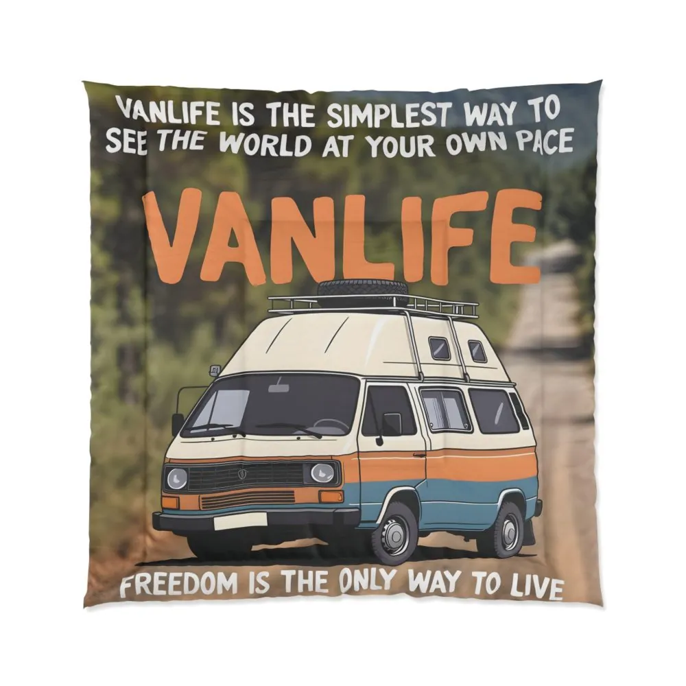 Comforter — "Vanlife freedom is the only way to live" Vintage Camper Van Graphic Comforter