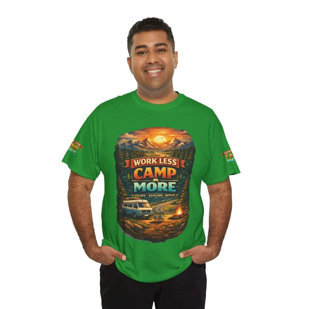 Unisex Heavy Cotton Tee — "Work Less Camp More" Design Scenic-Line