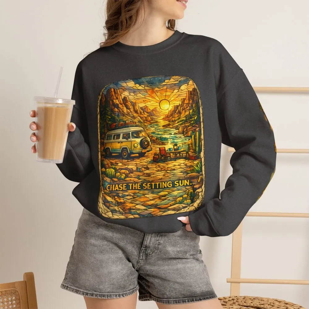 Unisex Heavy Blend™ Crewneck Sweatshirt — "Chase The Settings Sun" Design Cubic-Line