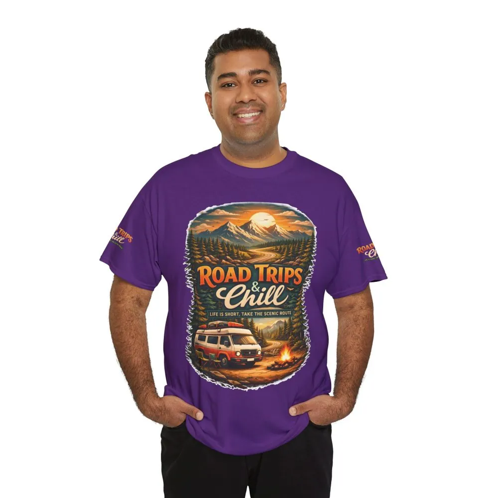 Unisex Heavy Cotton Tee — "Road Trips & Chill" Design Scenic-Line