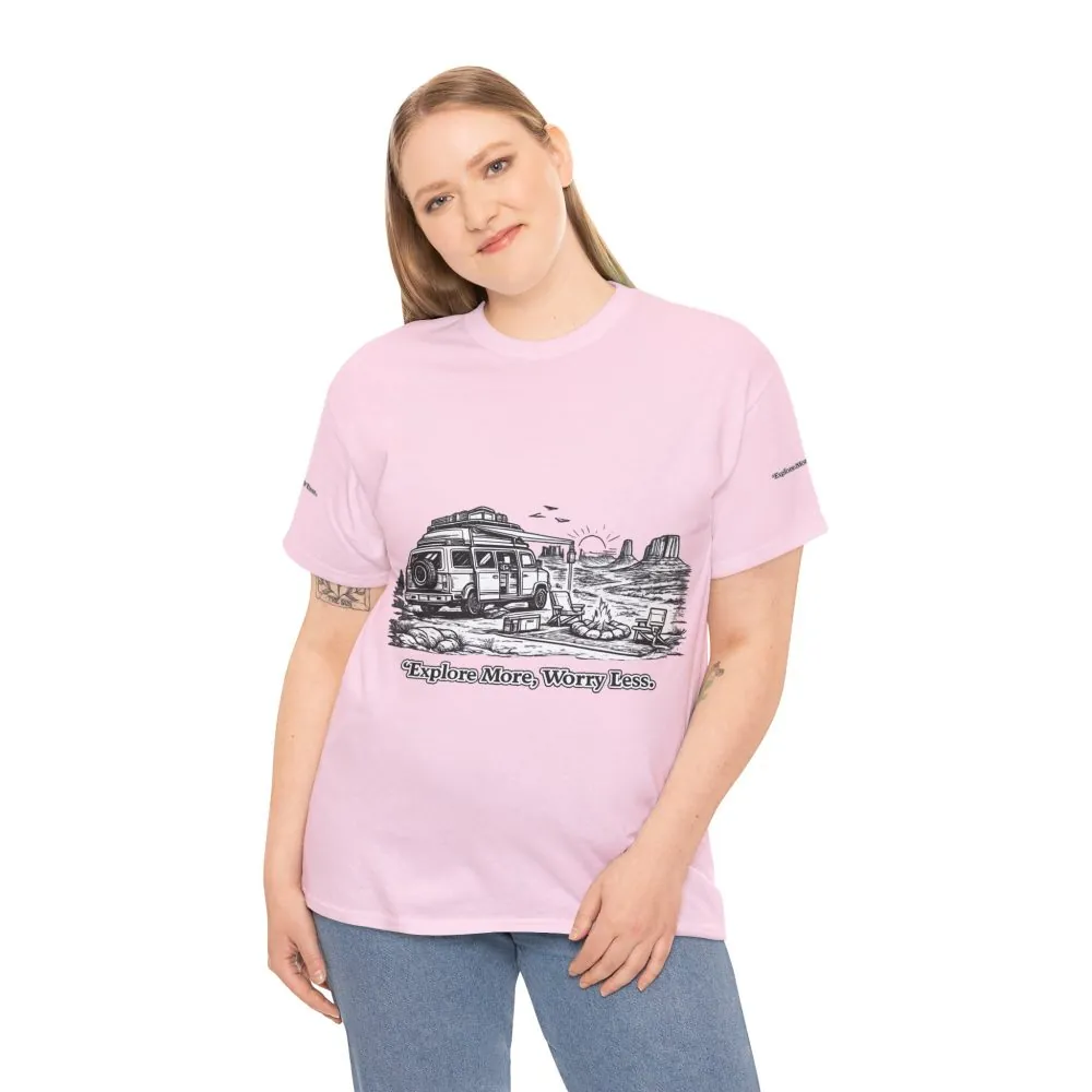 Unisex Heavy Cotton Tee — "Explore More Worry Less" Design Minimal-Line