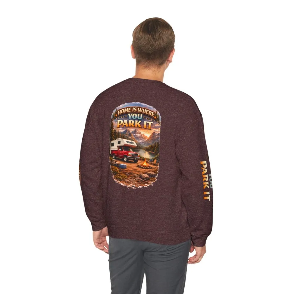 Unisex Heavy Blend™ Crewneck Sweatshirt — "Home Is Where You Park It" Design Scenic-Line