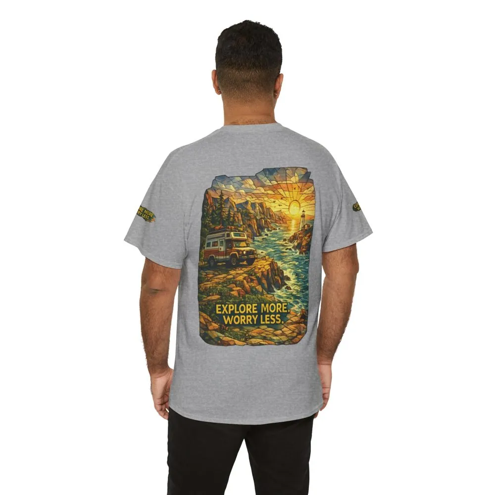 13750634091958947160_2048.jpeg Unisex Heavy Cotton Tee — "Explore More Worry Less" Design Cubic-Line