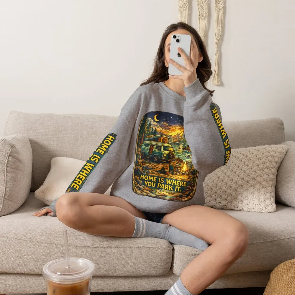 Unisex Heavy Blend™ Crewneck Sweatshirt — "Home Is Where You Park It" Design Cubic-Line