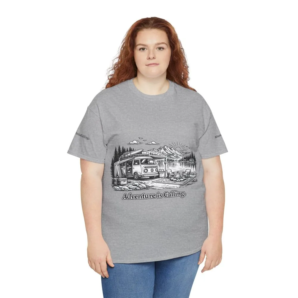 Unisex Heavy Cotton Tee — "Adventure Is Calling" Design Minimal-Line