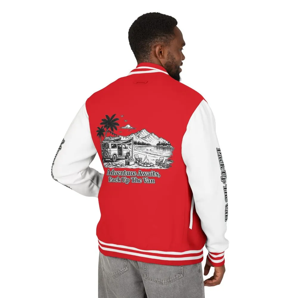Unisex Heavyweight Letterman Jacket — "Adventure Awaits,Pack Up The Van" Travel Varsity Coat