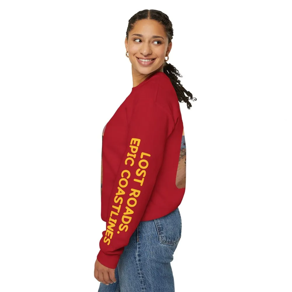 Unisex Heavy Blend™ Crewneck Sweatshirt — "Lost Roads Epic Coastlines" Design Sitcom-Line