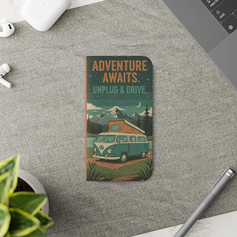 Flip Phone Case — "Adventure Awaits Unplug & Drive" Wallet Case
