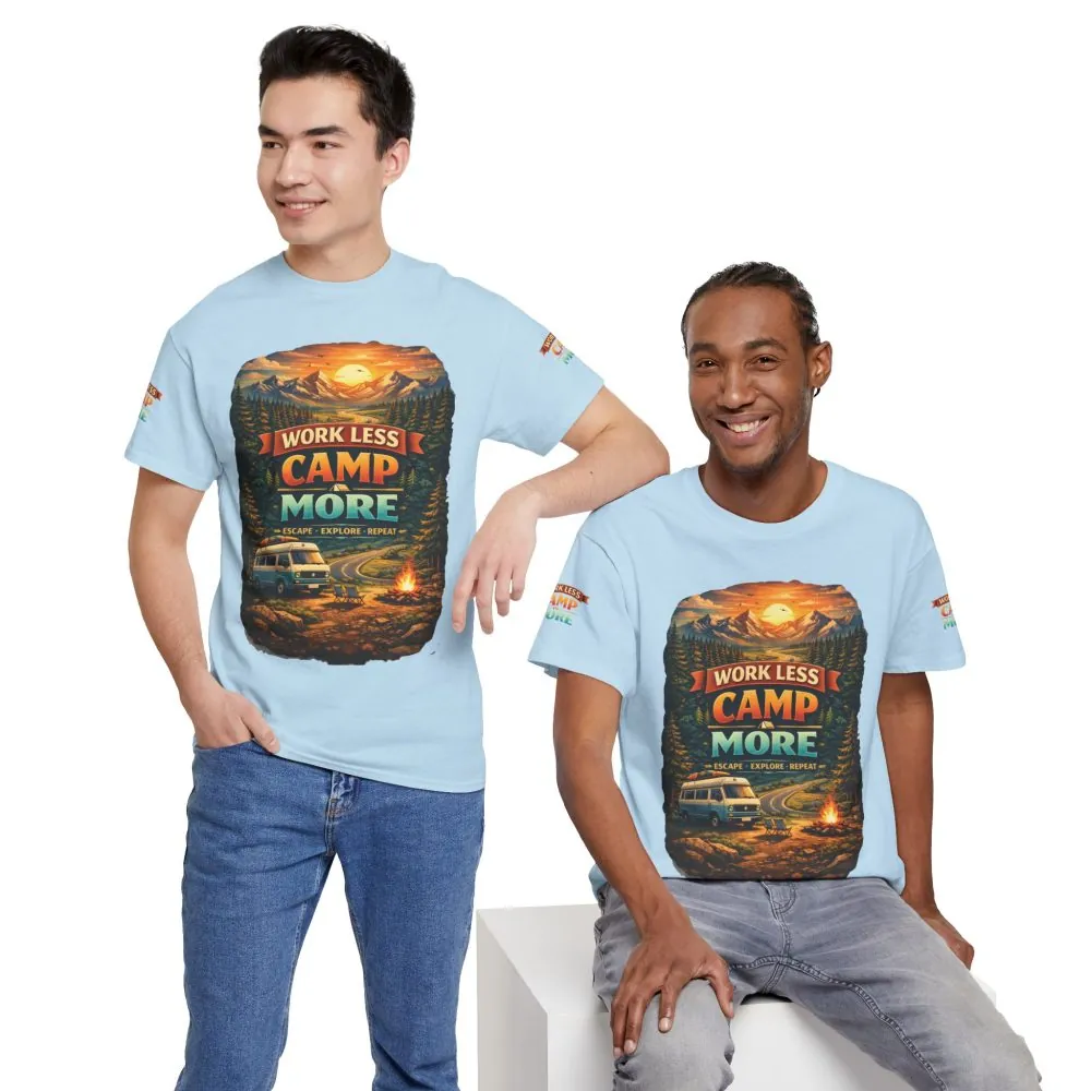 Unisex Heavy Cotton Tee — "Work Less Camp More" Design Scenic-Line