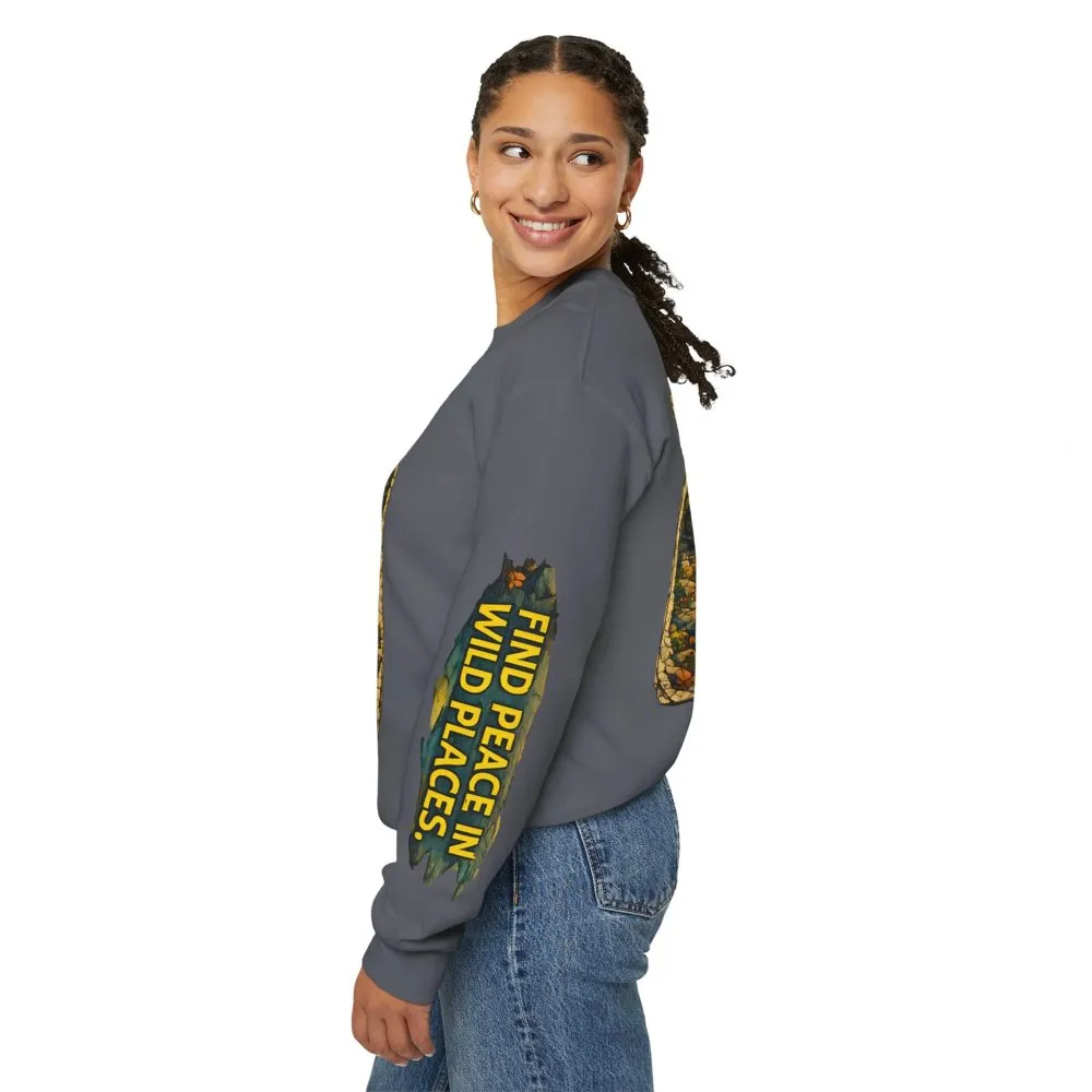 Unisex Heavy Blend™ Crewneck Sweatshirt — "Find Peace In Wild Places" Design Cubic-Line