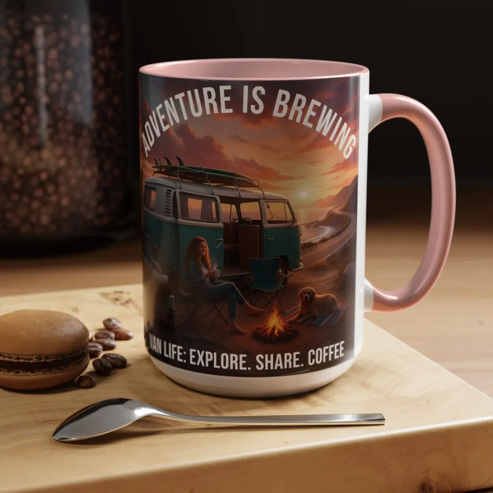Accent Coffee Mug (11, 15oz) — "Adventure is brewing"