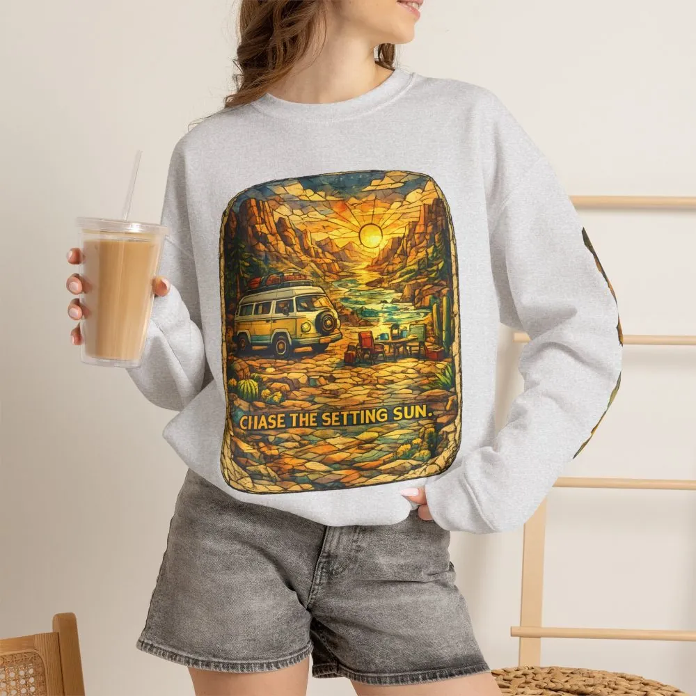 Unisex Heavy Blend™ Crewneck Sweatshirt — "Chase The Settings Sun" Design Cubic-Line