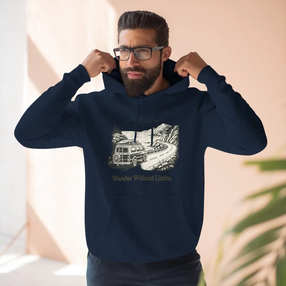 Three-Panel Fleece Hoodie - "Wander Without Limits" Design Minimal-Line