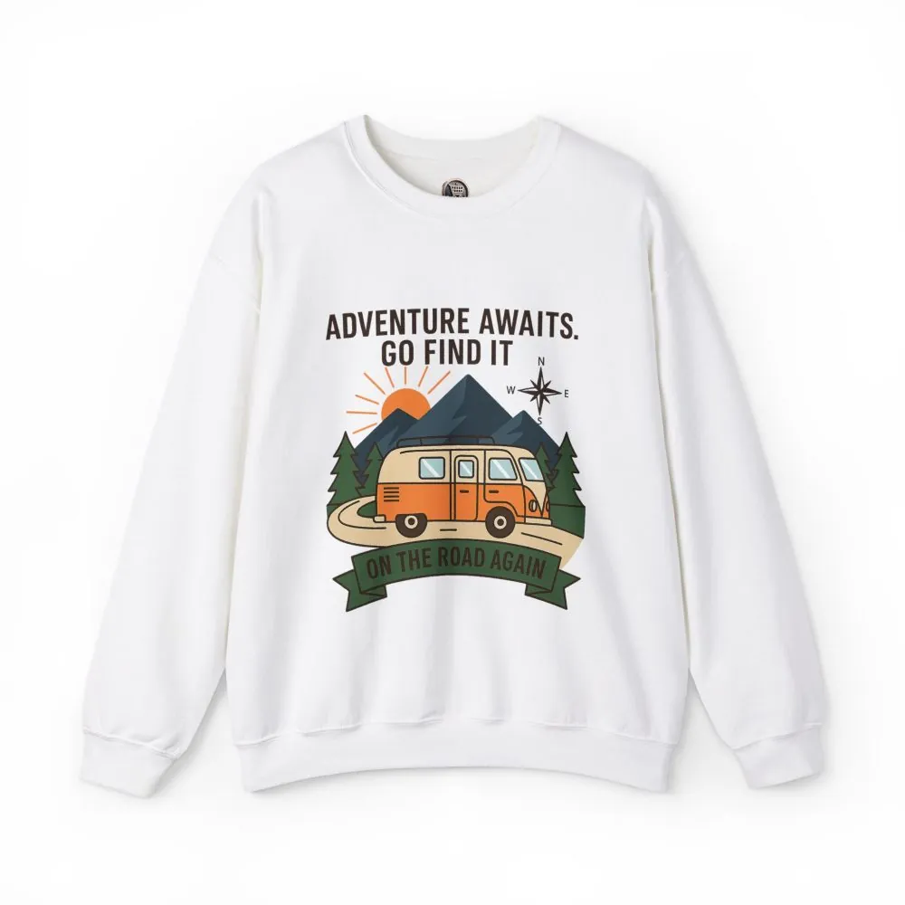 Crewneck Sweatshirt - "Adventure Awaits On The Road Again" Vintage Camper Van