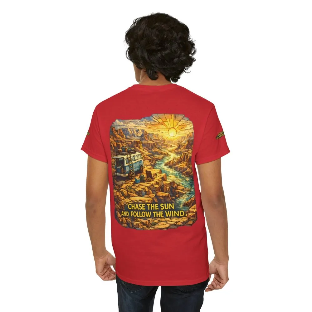 Unisex Heavy Cotton Tee — "Chase The Sun And Follow The Wind" Design Cubic-Line