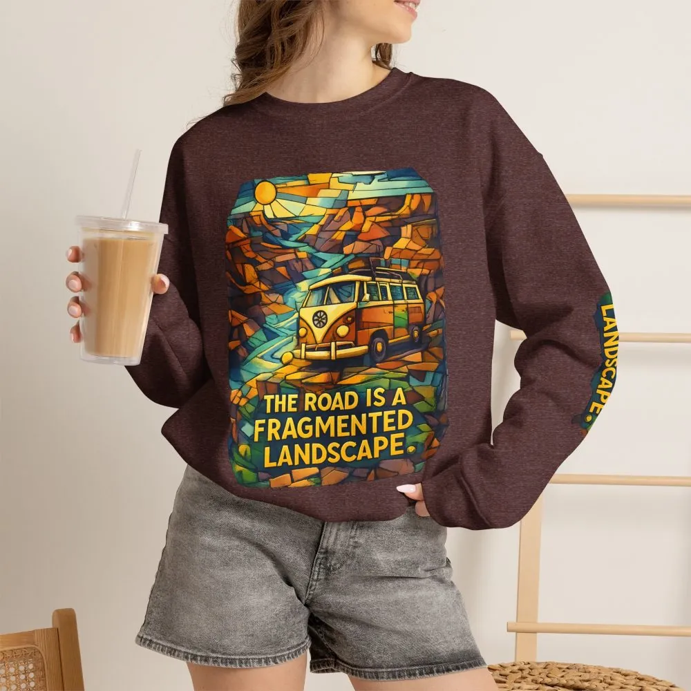 Unisex Heavy Blend™ Crewneck Sweatshirt — "The Road Is A Fragmented Landscape" Design Cubic-Line