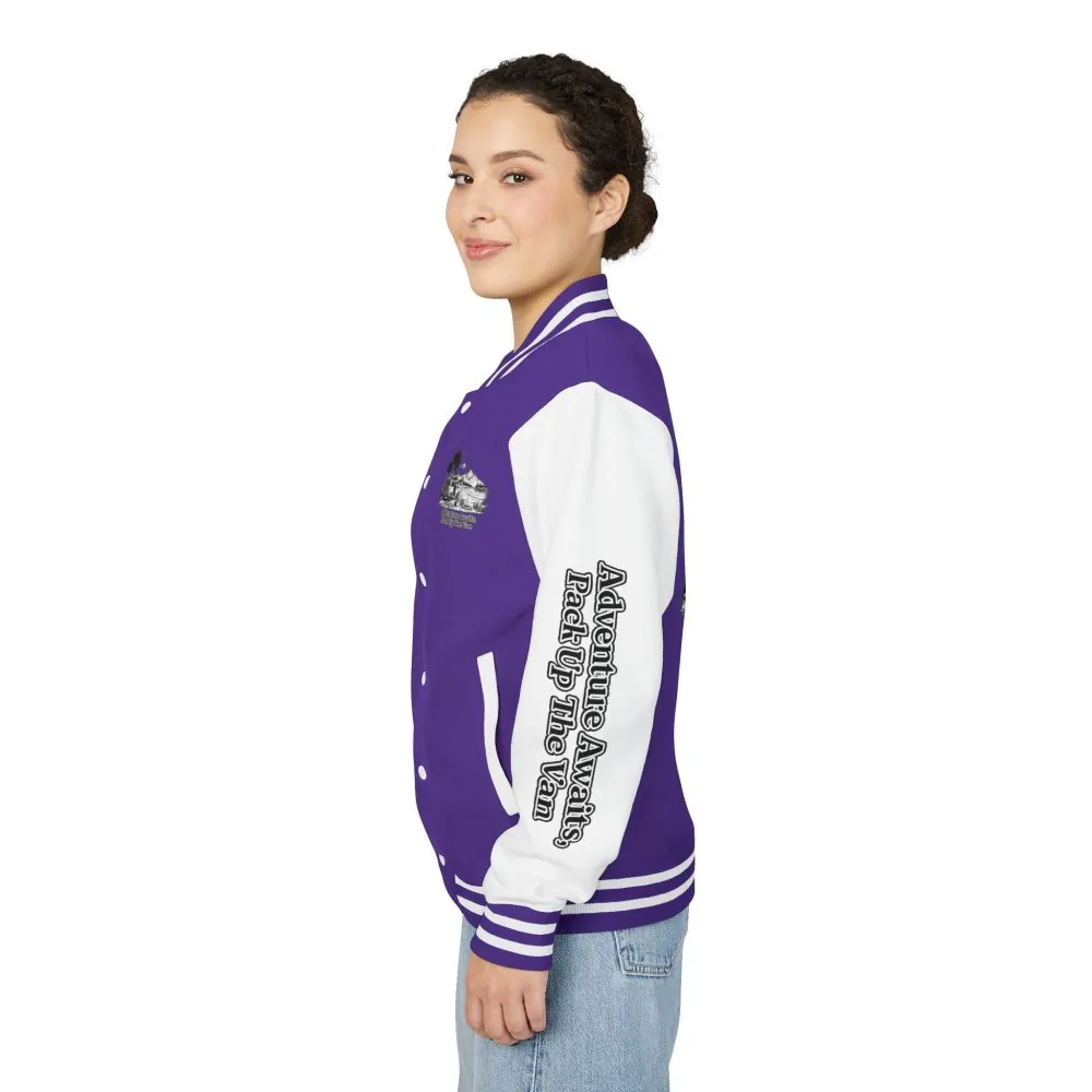 Unisex Heavyweight Letterman Jacket — "Adventure Awaits,Pack Up The Van" Travel Varsity Coat