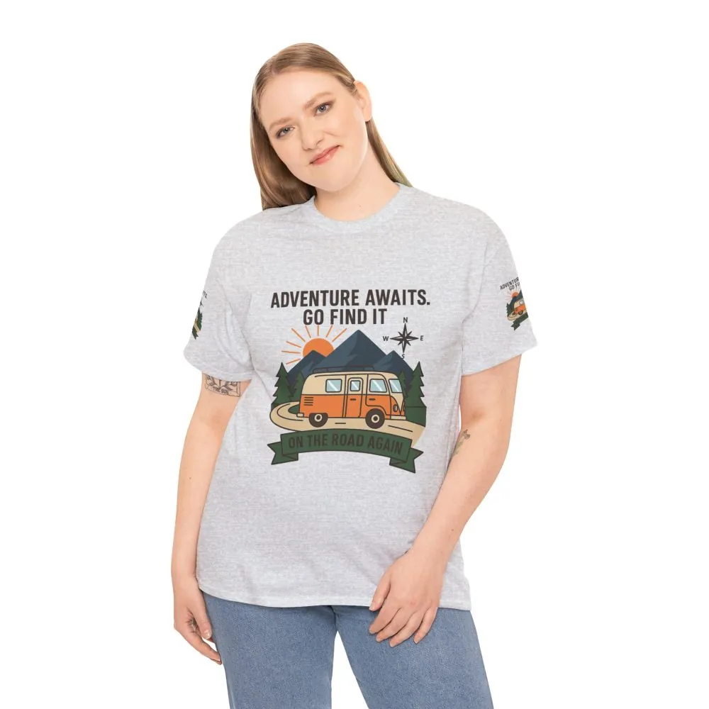 Unisex Heavy Cotton Tee — 'Adventure Awaits. Go Find It' Camper Van T‑Shirt