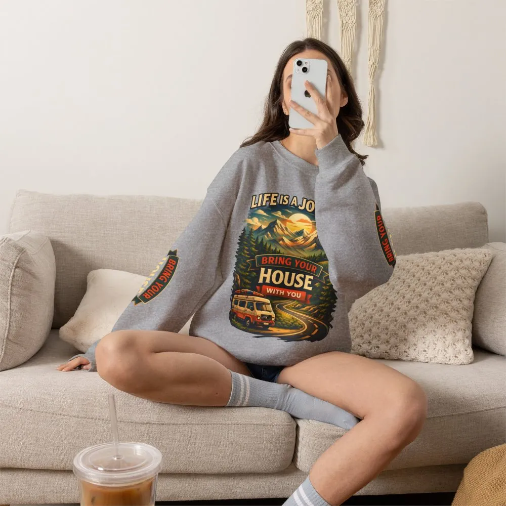 Unisex Heavy Blend™ Crewneck Sweatshirt — "Live Is A Journey-Bring Your House With You" Design Scenic-Line