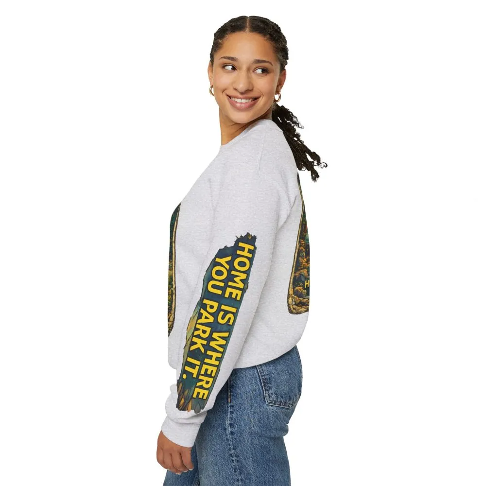 Unisex Heavy Blend™ Crewneck Sweatshirt — "Home Is Where You Park It" Design Cubic-Line