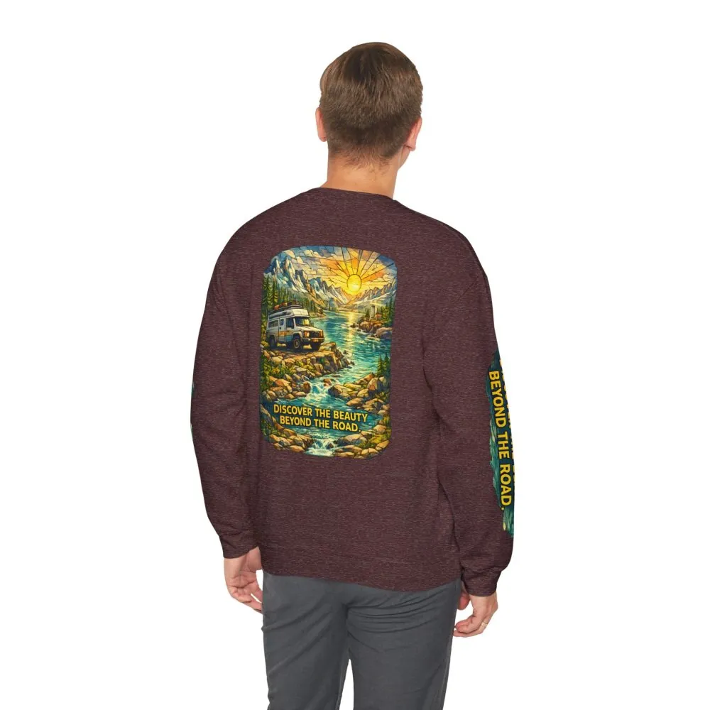 Unisex Heavy Blend™ Crewneck Sweatshirt — "Discover The Bieuty Beyond The Road" Design Cubic-Line