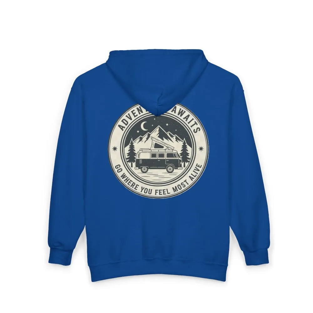 14003668802273008351_2048.jpeg Zip Hoodie — "Adventure Awaits-Go Where You Feel Most Alive" (Only Back Printed) Camper Van Adventure Zip-Up