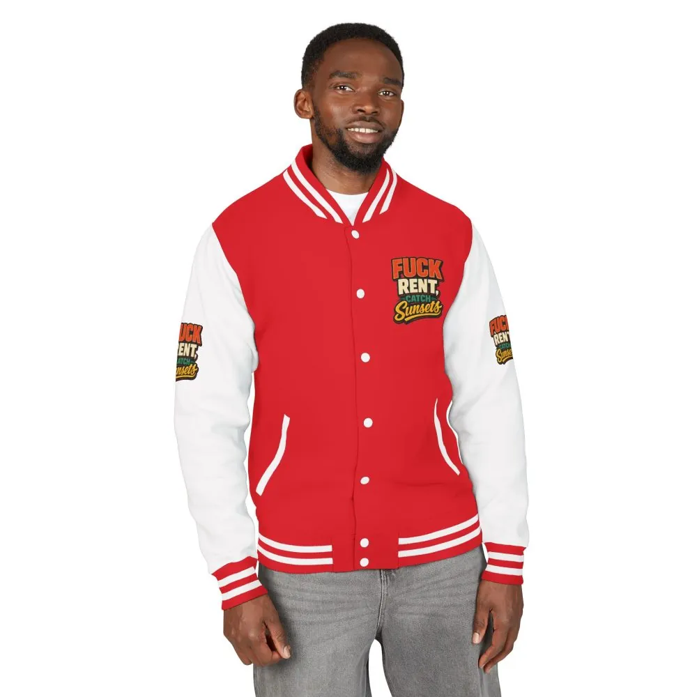 Unisex Heavyweight Letterman Jacket — "Fuck Rent Catch Sunsets" Design F**K-Line